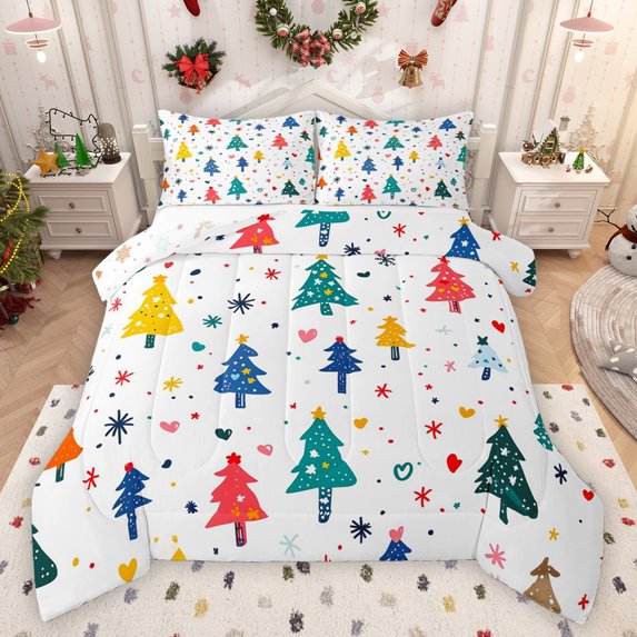 Feelyou Colorful Xmas Tree Queen Comforter Set for Kids, Cartoon Love Heart Bedding Sets, Merry Christmas Reversible Bedding Comforter Set, Super Cozy Room Decor, 3 Pieces