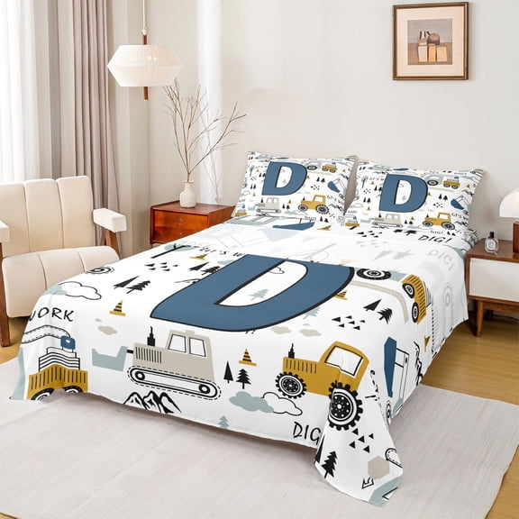 Feelyou Construction Letter D Bed Sheets for Kids, Excavator Print King Sheets for Bedroom, Blue, 4pcs