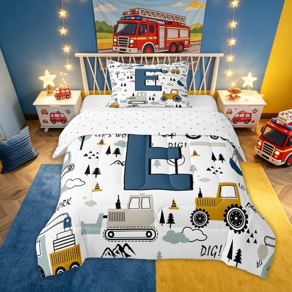 Feelyou Construction Letter E Twin Comforter Sets, Work Truck Bedding Set for Kids Boys, Blue, Reversible, 2-Piece