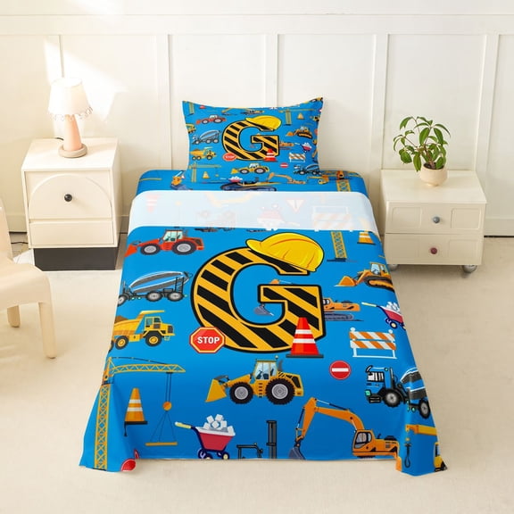 Feelyou Construction Letter G Twin Sheet Sets for Boys Girls, Blue Truck Vehicle Bedding, 3-Piece