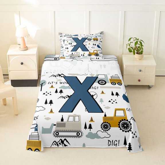 Feelyou Construction Letter X Twin Sheet Sets for Boys, Cute Cartoon Truck Bedding, Blue, 3 Pieces