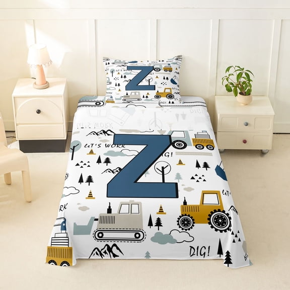 Feelyou Construction Letter Z Twin Sheet Sets for Boys Kids, Cute Cartoon Truck Bedding, Blue, 3-Piece