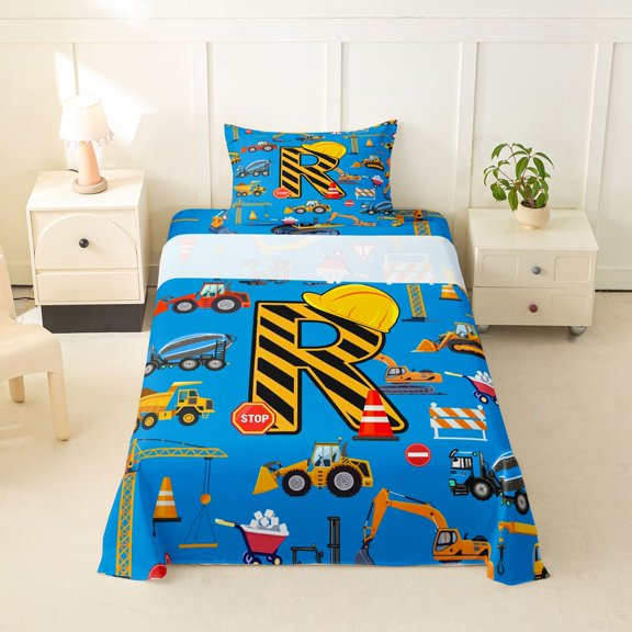 Feelyou Construction R Initial Hard Hat Twin Sheet Sets, Cartoon Truck Bedding for Boys Girls, Blue, 3pcs