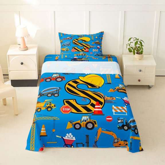 Feelyou Construction S Initial Hard Hat Twin Sheet Sets, Cartoon Truck Bedding for Boys Girls, Blue, 3-Piece