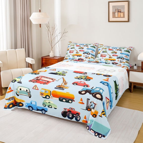 Feelyou Construction Truck Bed Sheets, Cartoon Excavator King Sheets, 4pcs