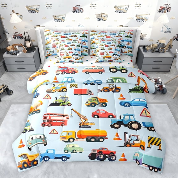 Feelyou Construction Truck Bedding Comforter Set 7pcs, Excavator Queen Bedding Sets