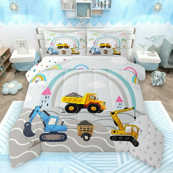 Feelyou Construction Truck Kids Bedding Comforter Set, Cute Rainbow Twin Comforter Sets, Cartoon Vehicle Theme Reversible Bedding Set, Breathable Home Decor, 2-Piece