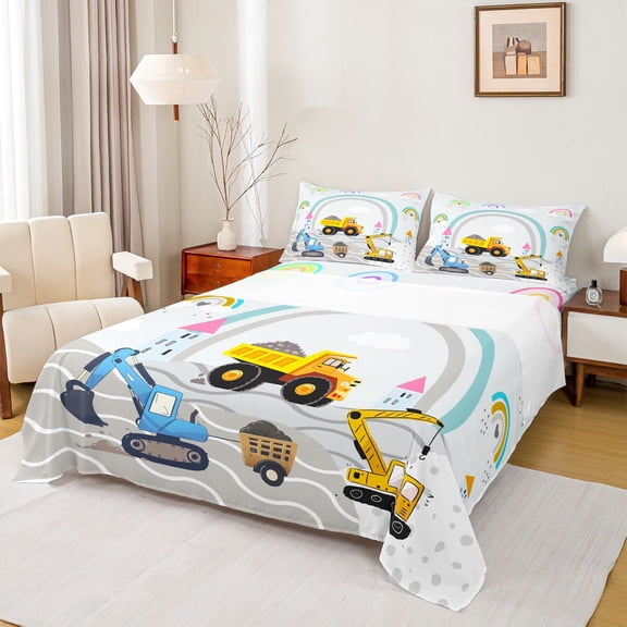 Feelyou Construction Truck Kids Queen Sheet Sets, Cute Rainbow Flat Sheet, Cartoon Vehicle Theme Queen Fitted Sheet, Breathable Home Decor, 4-Piece