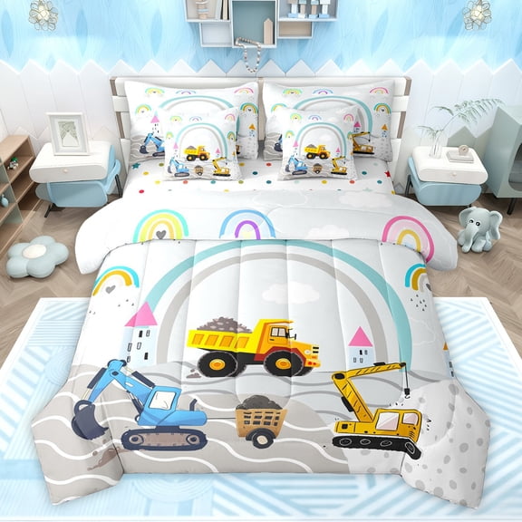 Feelyou Construction Truck Kids Twin Bedding Sets 7-Piece, Cute Rainbow Bedding Comforter Set, Cartoon Vehicle Theme Reversible Sheet Sets, Breathable Home Decor