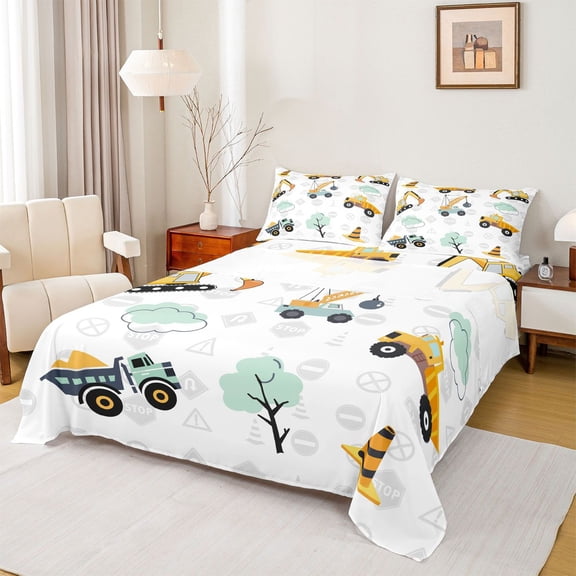 Feelyou Construction Truck Tractor Bed Sheets, Vehicles Excavator King Sheets, Teens Kids Boys Girls Sheet Set, Microfiber Bedroom Decor, 4pcs