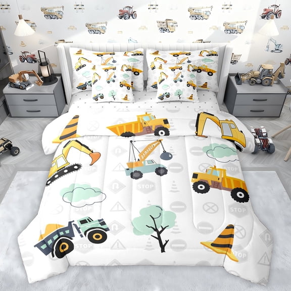 Feelyou Construction Truck Tractor Bedding Comforter Set 7 Pieces, Vehicles Excavator Full Bedding Set, Teens Kids Boys Girls Reversible Fitted Sheet Flat Sheet, Microfiber Bedroom Decor