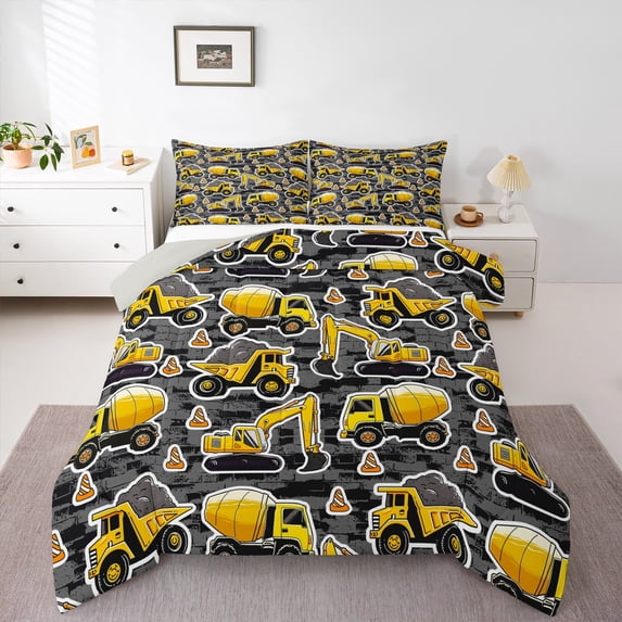 Feelyou Construction Vehicle Boys Queen Comforter Set, Grey Yellow Bedding Sets, Cartoon Truck Theme Reversible Bedding Comforter Set, Breathable Home Decor, 3pcs