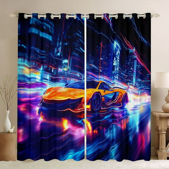 Feelyou Cool Automobile Child Blackout Curtains Set of 2 (52x84 Each), Speed Racing Car Window Curtains, Glitter Ombre Stripes Lines Curtains and Drapes, Blackout Curtains Room Decor