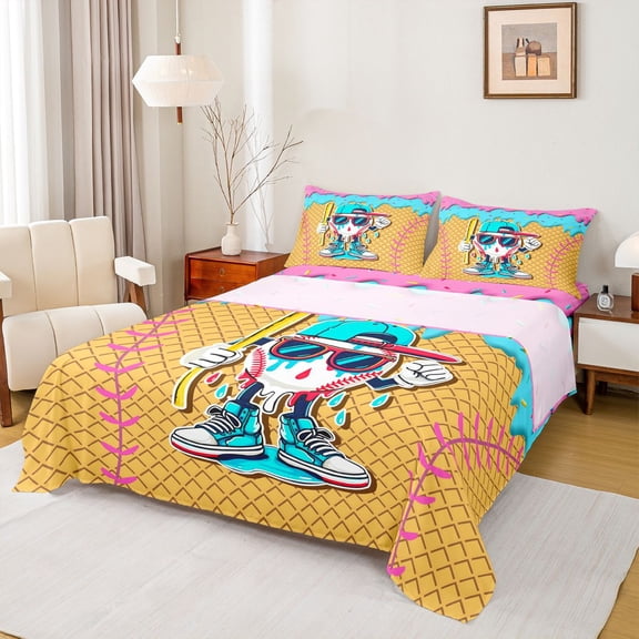 Feelyou Cool Baseball Ice Cream Queen Sheets for Boys, Funny Sunglasses Bat Queen Sheet Sets, 4 Pieces, 1 Flat Sheet, 1 Fitted Sheet and 2 Pillowcases