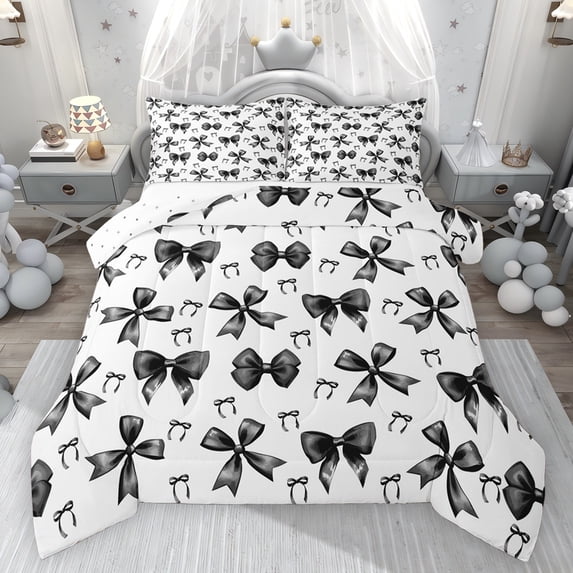Feelyou Cool Black Bowknot Full Size Comforter Sets, Kids Boys Girls Bedding Sets, 3pcs