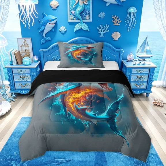 Feelyou Cool Flame Glowing Shark Twin Comforter Sets for Boys Kids, Aura Deep Sea Ocean Bedding Set, Blue Grey, Black Reversible, 2 Pieces