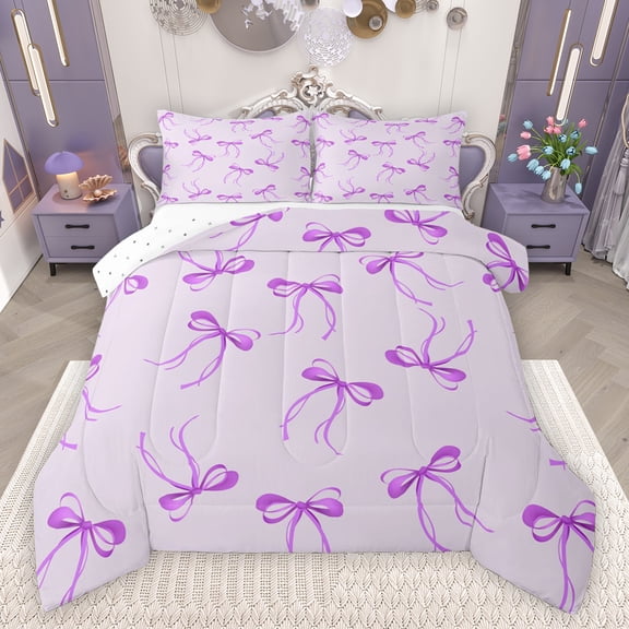 Feelyou Cool Girl Bowknot Bedding Comforter Set, Fashion Princess Ribbon Twin Comforter Sets, Kawaii Bow-tie Bow Black Reversible Bedding Set, Ultra Soft Bedroom Decor, 2 Pieces