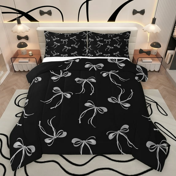 Feelyou Cool Girl Bowknot Queen Comforter Set, Fashion Princess Ribbon Bedding Sets, Kawaii Bow-tie Bow Black Reversible Bedding Comforter Set, Luxury Bedroom Decor, 3 Pieces
