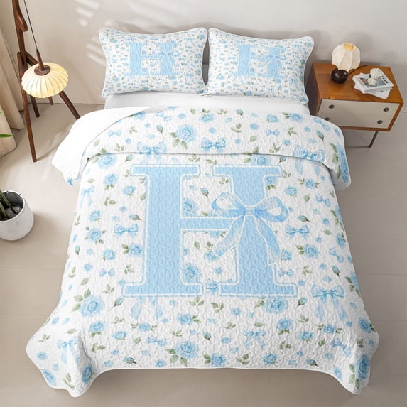 Feelyou Coquette Rose Letter Quilt King for Boys Girls, Cartoon Flower Bow King Coverlet Set, Blue, 3-Piece