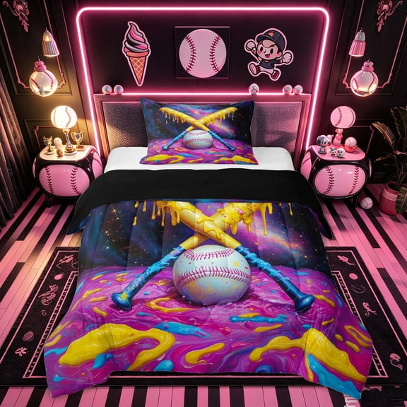 Feelyou Cosmic Ice Cream Baseball Twin Comforter Sets for Kids, Galaxy Dripping Bat Bedding Set, Black Reversible, 2pcs, 1 Comforter and 1 Pillowcase