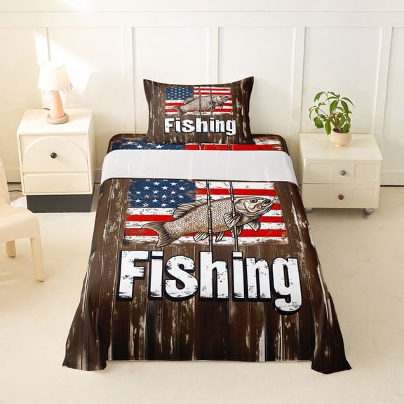 Feelyou Country Fishing Animal Twin Sheet Sets for Men Boys, Rustic Wooden Cabin Bedding, Brown, 3pcs