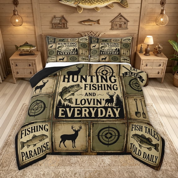 Feelyou Country Hunting Fishing Sign Full Size Comforter Sets for Men Boys, Rustic Wooden Cabin Animal Bedding Sets, Olive Drab, Black Reversible, 3 Pieces