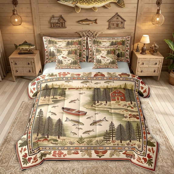 Feelyou Country Lake Fishing Twin Bedding Sets for Men Boys, Retro Folk Art Lake Cabin Bedding Comforter Set, Brown, Grey Reversible, 7-Piece