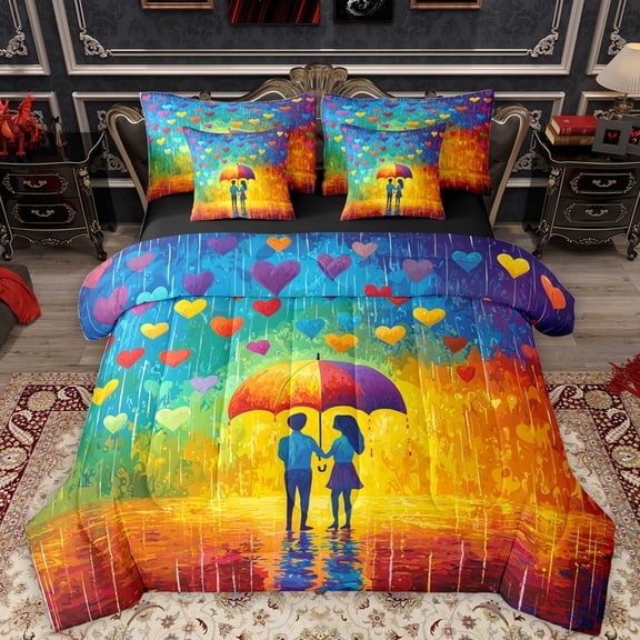Feelyou Couple Anniversary Bedding Comforter Set 7 Pieces, Romantic Love Heart Full Bedding Set, Oil Printing Watercolor Reversible Fitted Sheet Flat Sheet, Luxury Bedroom Decor