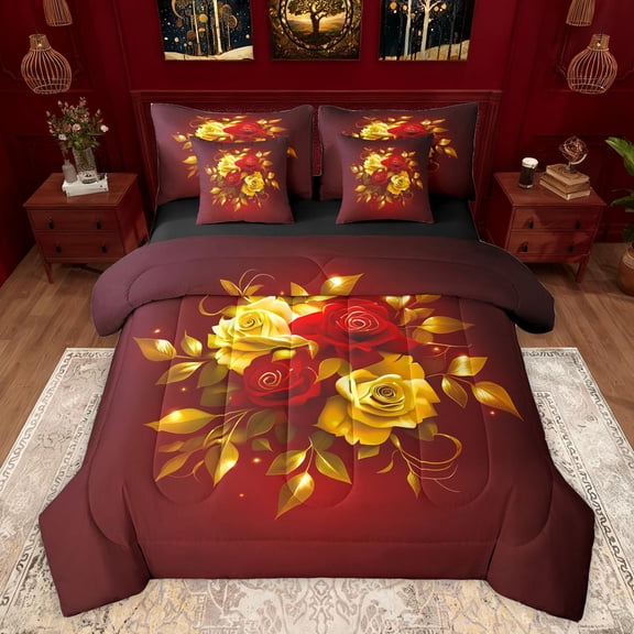 Feelyou Couple Anniversary Bedding Comforter Set 7pcs, Fashion Rose Flower Queen Bedding Sets, Happy Romantic Festival Reversible Queen Sheet Sets, Lightweight Room Decor