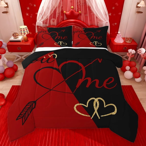 Feelyou Couple Anniversary Queen Comforter Set, Black Red Fashion Splicing Bedding Sets, Valentine's Day Love Heart Reversible Bedding Comforter Set, Super Cozy Room Decor, 3 Pieces