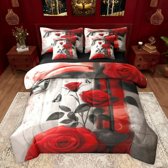 Feelyou Couple Anniversary Rose Bedding Comforter Set 7 Pieces, Watercolor Abstract Full Bedding Set, Romantic Butterfly Reversible Fitted Sheet Flat Sheet, Super Cozy Room Decor