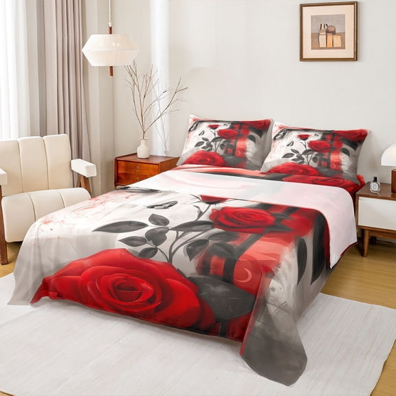 Feelyou Couple Anniversary Rose Twin Sheet Sets, Watercolor Abstract Twin Fitted Sheet, Romantic Butterfly Flat Sheet, Super Cozy Room Decor, 3 Pieces