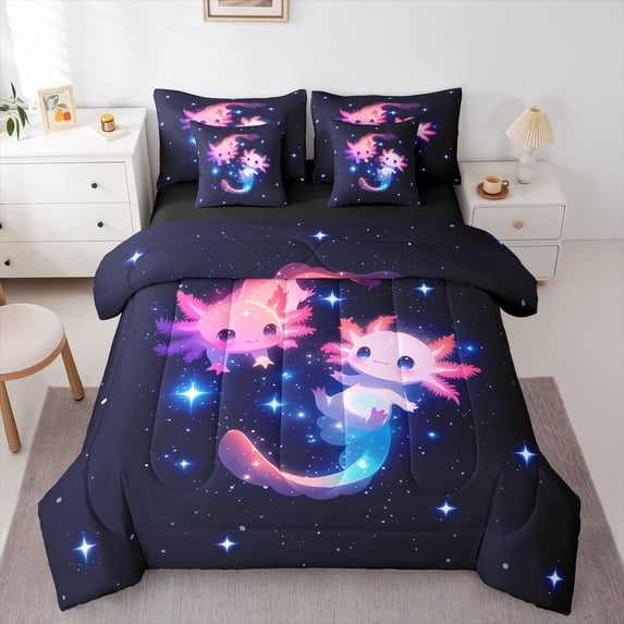 Feelyou Couple Axolotl Twin Bedding Sets 7pcs, Glitter Stars Galaxy Bedding Comforter Set
