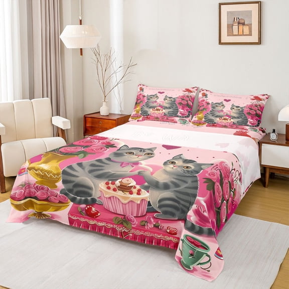 Feelyou Couple Cartoon Cat Bed Sheets, Romantic Pink Rose King Sheets, Happy Valentine's Day Sheet Set, Lightweight Room Decor, 4pcs
