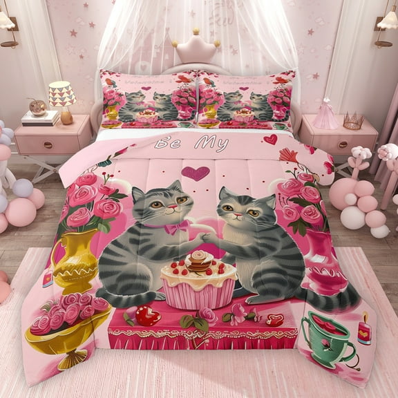 Feelyou Couple Cartoon Cat Bedding Comforter Set, Romantic Pink Rose Twin Comforter Sets, Happy Valentine's Day Reversible Bedding Set, Lightweight Room Decor, 2pcs