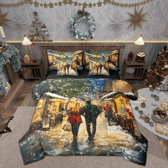Feelyou Couple Christmas Town Bedding Comforter Set 7pcs, Oil Printing Queen Bedding Sets, Romantic Paris Street Reversible Queen Sheet Sets, Microfiber Bedroom Decor