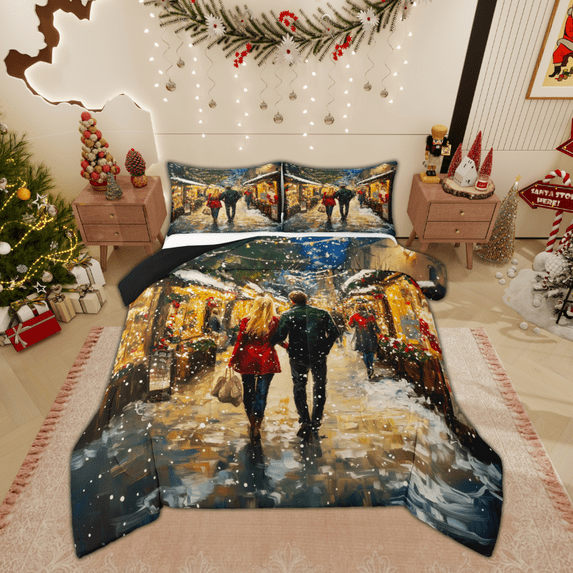 Feelyou Couple Christmas Town Full Size Comforter Sets, Oil Printing Bedding Comforter Set, Romantic Paris Street Reversible Bedding Sets, Microfiber Bedroom Decor, 3 Pieces