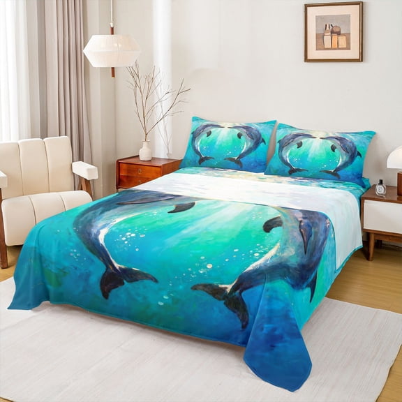 Feelyou Couple Dolphin Child Bed Sheets, Romantic Sealife King Sheets, 4 Pieces