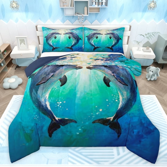 Feelyou Couple Dolphin Child Queen Comforter Set, Romantic Sealife Bedding Set, 3pcs