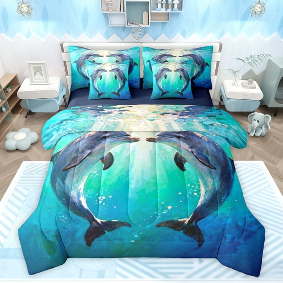 Feelyou Couple Dolphin Child Twin Bedding Sets 7pcs, Romantic Sealife Comforter Set