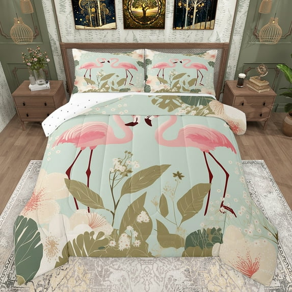 Feelyou Couple Flamingo Animal Bedding Comforter Set, Cherry Blossoms Floral Twin Comforter Sets, Retro Chinese Style Reversible Bedding Set, Ultra Soft Bedroom Decor, 2-Piece