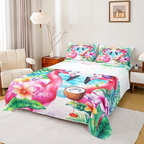 Feelyou Couple Flamingo Bed Sheets, Kawaii Tropical Animal King Sheets, Palm Beach Sheet Set, Ultra Soft Home Decor,4 Pieces