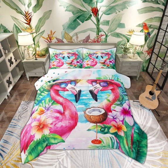 Feelyou Couple Flamingo Full Size Comforter Sets, Kawaii Tropical Animal Bedding Comforter Set, Palm Beach Reversible Bedding Sets, Ultra Soft Home Decor,3 Pieces