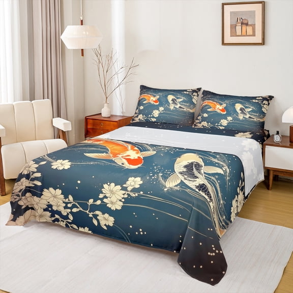 Feelyou Couple Gold Fish Queen Sheet Sets, Japanese Blossoms Floral Flat Sheet, Teen Child Adult Queen Fitted Sheet, Lightweight Room Decor, 4-Piece