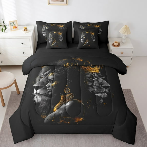 Feelyou Couple Lion Animal Bedding Comforter Set 7 Pieces, Kawaii Black Girl Full Bedding Set, Tribal Western Princess Reversible Fitted Sheet Flat Sheet, Ultra Soft Home Decor