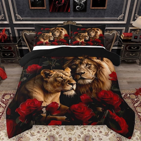 Feelyou Couple Lion Bedding Comforter Set, Romantic Wildlife Twin Comforter Sets, Valentines Day Red Rose Reversible Bedding Set, Super Cozy Room Decor, 2pcs