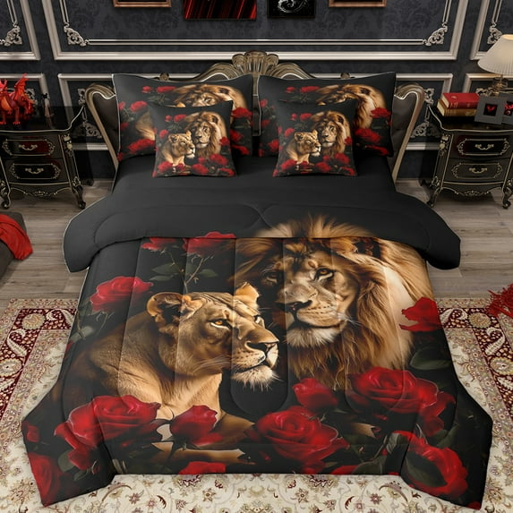 Feelyou Couple Lion Twin Bedding Sets 7-Piece, Romantic Wildlife Bedding Comforter Set, Valentines Day Red Rose Reversible Sheet Sets, Super Cozy Room Decor