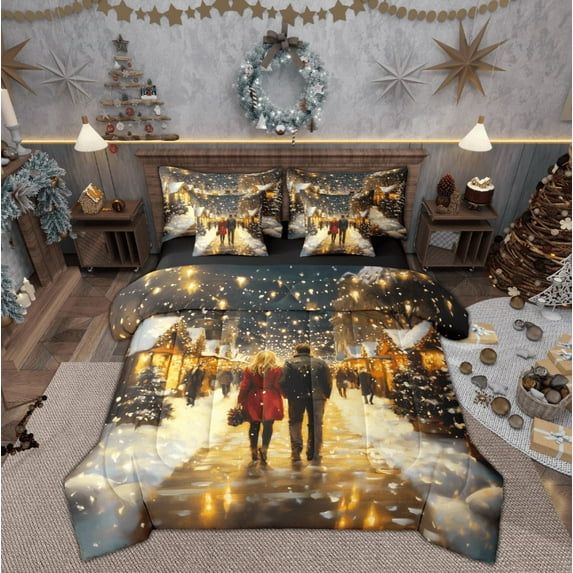 Feelyou Couple Lover Bedding Comforter Set 7pcs, Romantic Christmas Eve King Bedding Sets, Anniversary Reversible Bed Sheets, Super Cozy Room Decor, 3 Pieces