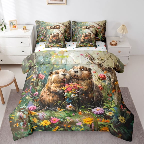 Feelyou Couple Otter Wildlife Twin Bedding Sets 7pcs, Rustic Flower Bedding Comforter Set