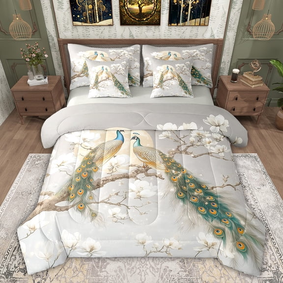 Feelyou Couple Peacock Animal Bedding Comforter Set 7 Pieces, White Flower Floral Full Bedding Set, Modern Chinese Style Reversible Fitted Sheet Flat Sheet, Lightweight Room Decor